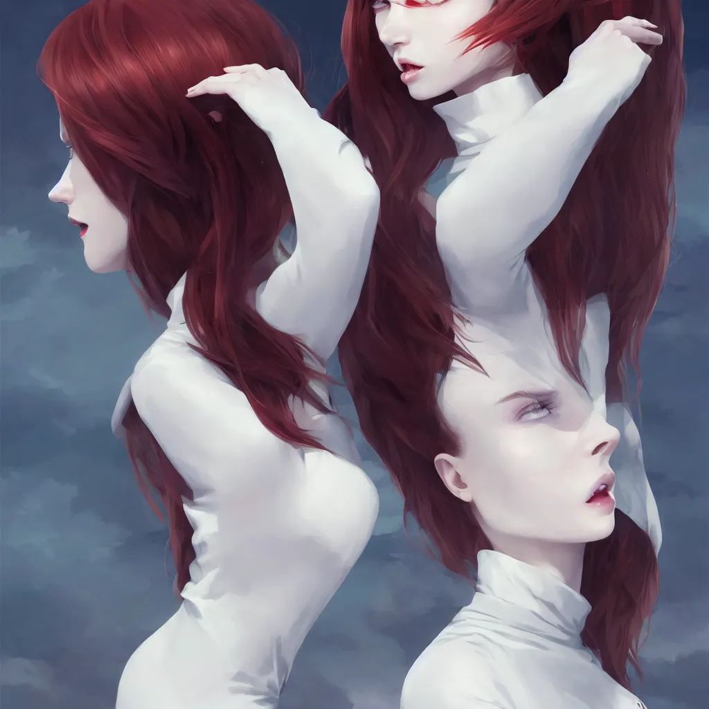 Image similar to beautiful pale vampire with auburn hair in a white turtleneck dress, on a super yacht, by guweiz and wlop and ilya kuvshinov and and moebius, artgerm, symmetrical eyes, aesthetic, gorgeous, stunning, alluring, attractive, half body portrait, artstation, deviantart, pinterest, digital art