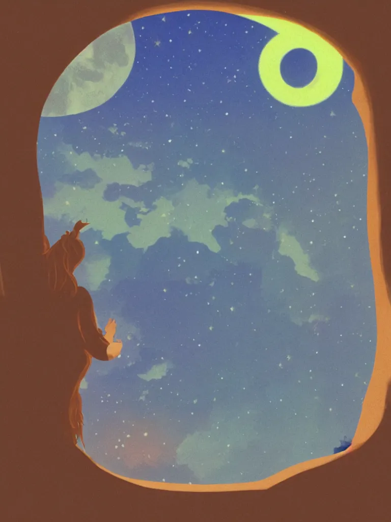 Image similar to neon moon seen through the bedroom window by disney concept artists, blunt borders, rule of thirds