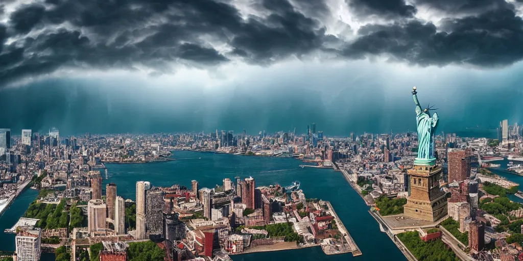 Image similar to a giant dragon on top of the statue of liberty, aerial view, thunderstorms, red lightning, 8k UHD