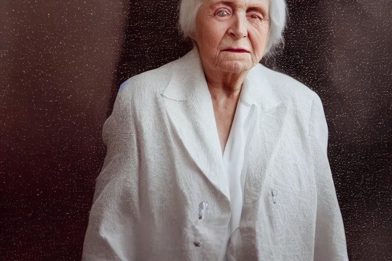 Prompt: a realistic cinematic headshot portrait of an old woman, wearing futuristic white suit in a skyscaper office, 4 k, ultra realistic, dramatic lighting, rain, clouds, fog, vogue, fashion, magazine spread, by annie leibovitz