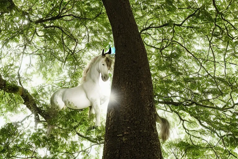 Image similar to beautiful unicorn infer a tree natural lighting 85mm by Emmanuel Lubezki