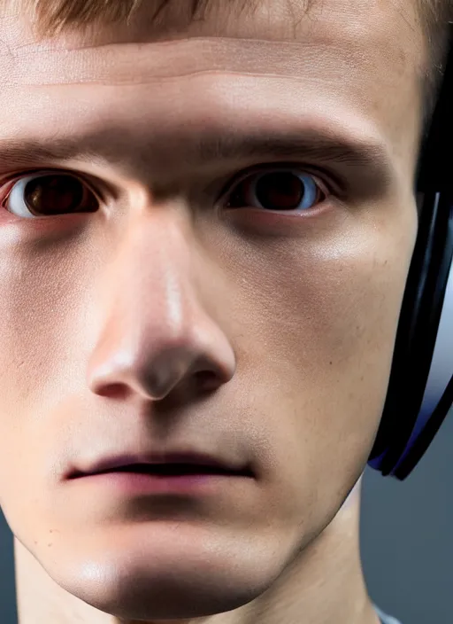 Image similar to perfect symmetric face, coherent eyes. vitalik buterin in headphones. vitalik buterin, close up, high detail, very sharp, 4 k, hayao miyazaki