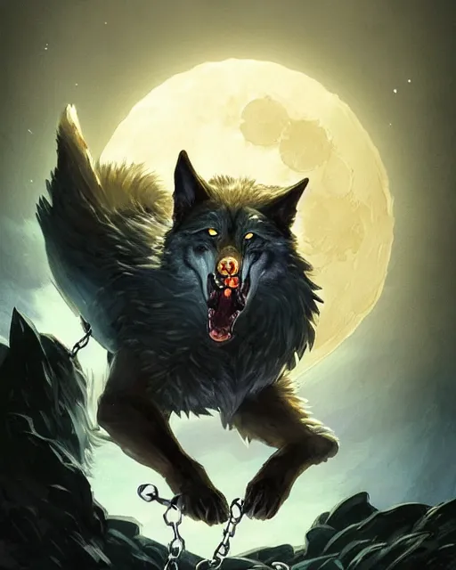 Image similar to '' Illustration a wolf (Fenrir) breaking its chains, (night), (moon in the background), league of legends, Fenrir, LOL, fantasy, d&d, digital painting, artstation, concept art, sharp focus, illustration, art by greg rutkowski and alphonse mucha ''