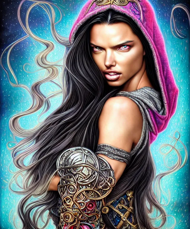 Image similar to Portrait of Adriana Lima , D&D, fantasy, intricate, richly detailed colored pencil 3D illustration of a beautiful with long metallic hair wearing a hoodie and short shorts that is evil and happy. mirrored background with completely rendered reflections, art by Range Murata and Artgerm highly detailed, digital painting, trending on artstation, sharp focus, illustration, style of Stanley Artgerm, perfect smile and tooth