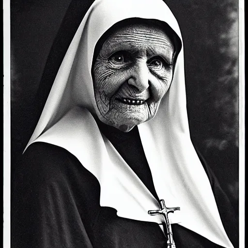 Prompt: antique black and white photograph of an old evil catholic nun, studio lighting, 1 8 7 6, shorpy, hyper detailed