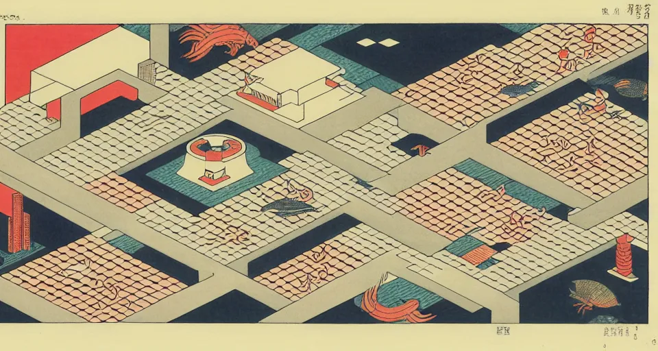 Image similar to isometric urban dashboard with time series charts, pie plots and other modern graphics, with small creatures swimming on it. monografia by diego rivera ( ukiyo - e influence )
