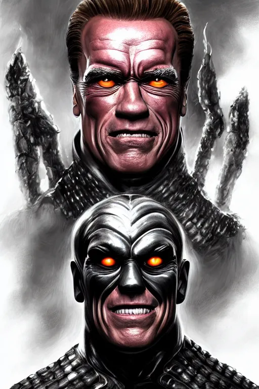 Image similar to arnold schwarzenegger as a cenobite, highly detailed, d & d, fantasy, highly detailed, digital painting, trending on artstation, concept art, sharp focus, illustration, global illumination, ray tracing, realistic shaded, art by artgerm and greg rutkowski and fuji choko and viktoria gavrilenko and hoang lap, sunny