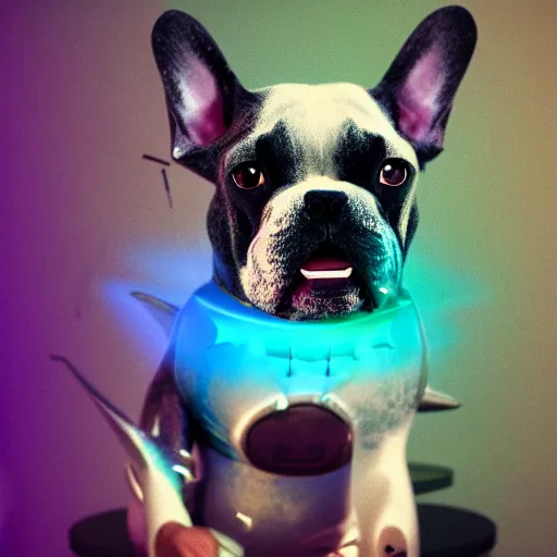 Prompt: French Bulldog with shark fin and shark teeth wearing raygun, holographic projection, 4k, uhd, octane render, realistic