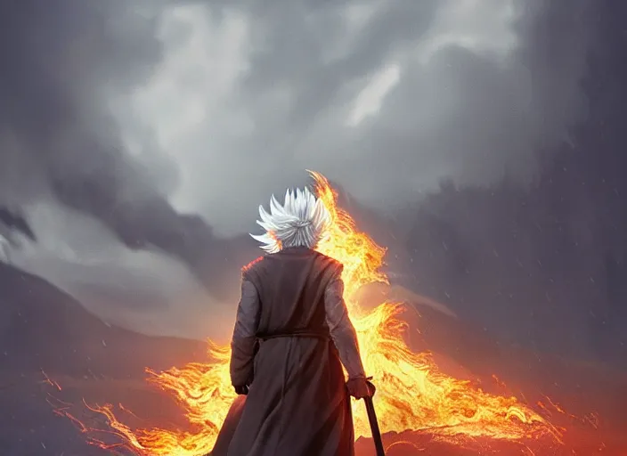 Prompt: gandalf going super saiyan around flames, beautiful landscape, dramatic lighting, cinematic, establishing shot, night time, heavy rain, extremly high detail, photorealistic, cinematic lighting, epic fight scene, post processed, concept art, artstation, matte painting, style by greg rutkowsky