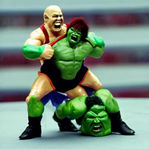 Image similar to screaming chucky doll wrestling hulk hogan wrestlemania iii