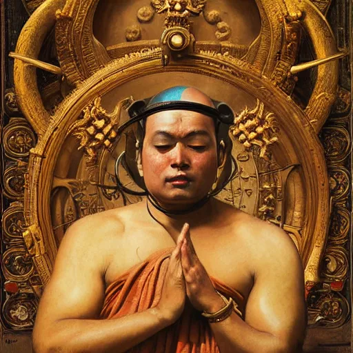 Image similar to srilankan buddhist monk blindfolded with high - teh vr steampunk headset armour baroque style, painting by gaston bussiere, craig mullins, j. c. leyendecker, lights, art by ernst haeckel, john william godward, hammershøi,