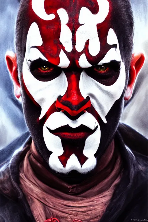 Prompt: darth maul, oil on canvas, intricate, portrait, 8 k highly professionally detailed, hdr, cgsociety