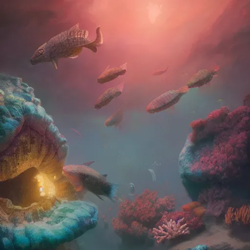 Image similar to beautiful coral reef photorealistic painting, wlop, concept art, octane render, deviantart, greg rutkowski, cinematic, artstation, key art, hyperrealism