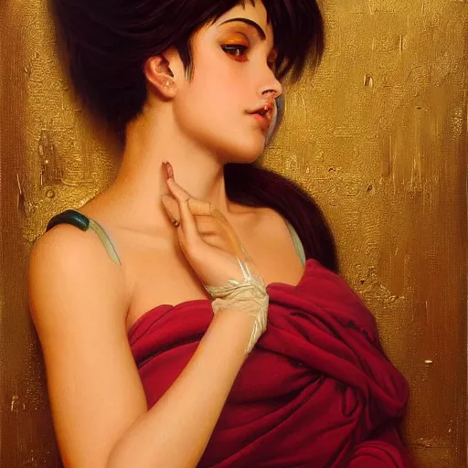 Prompt: beautiful golden portrait of Tracer (Overwatch) Grand Odalisque intricate oil painting by Jo hn William Godward and Anna Dittman by J-H 768-C2.0