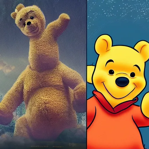 Image similar to winnie the pooh as godzilla versus xi jinping, cinematic composition, epic dramatic lighting, realistic, hyperdetailed, photorealistic, photograph, epic scale