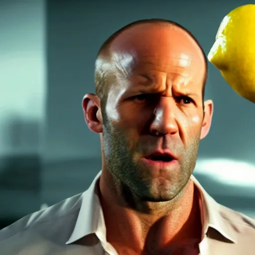 Image similar to ultra realistic professional photo of Jason Statham yelling at a lemon