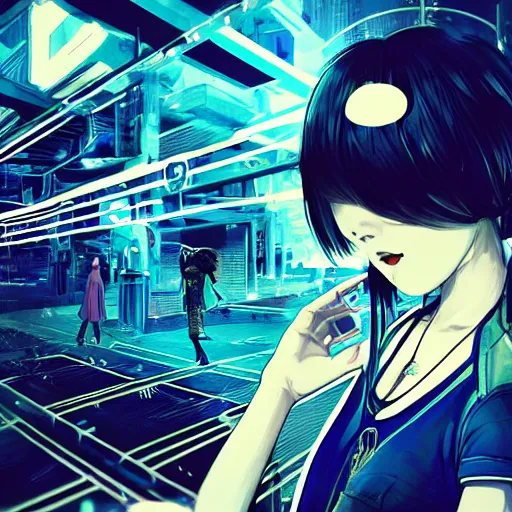 Image similar to Frequency indie album cover, luxury advertisement, blue filter, blue and black colors. Clean and detailed post-cyberpunk sci-fi close-up schoolgirl in asian city in style of cytus and deemo, blue flame, relaxing, calm and mysterious vibes, by Tsutomu Nihei, by Yoshitoshi ABe, by Ilya Kuvshinov, by Greg Tocchini, nier:automata, set in half-life 2, GITS, Blade Runner, Neotokyo Source, Syndicate(2012), dynamic composition, beautiful with eerie vibes, very inspirational, very stylish, with gradients, surrealistic, dystopia, postapocalyptic vibes, depth of field, mist, rich cinematic atmosphere, perfect digital art, mystical journey in strange world, beautiful dramatic dark moody tones and studio lighting, shadows, bastion game, arthouse