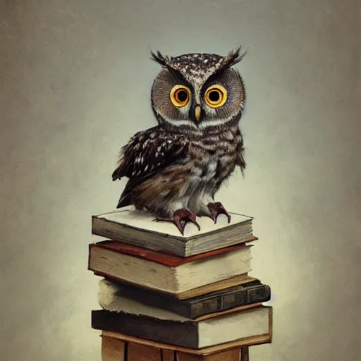 Prompt: long shot of a very cute young owl sitting on a pile of antique books, by esao andrews, by james jean, marc simonetti, humorous illustration, hyperrealistic, big depth of field, fresh colors, dim light, 3 d octane render conceptart, 4 k, hyperdetailed, trending on artstation