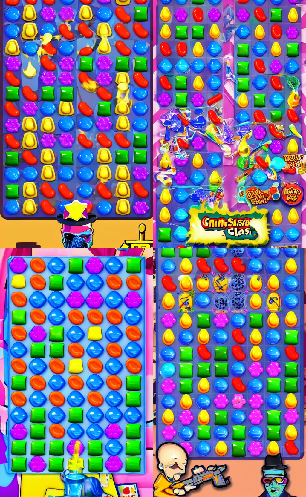Prompt: jesse pinkman match 3 game with guns bongs and blue crystals candy crush by king in game screenshot