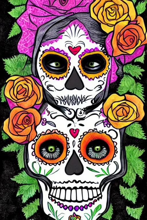 Image similar to illustration of a sugar skull day of the dead girl, art by larry carroll