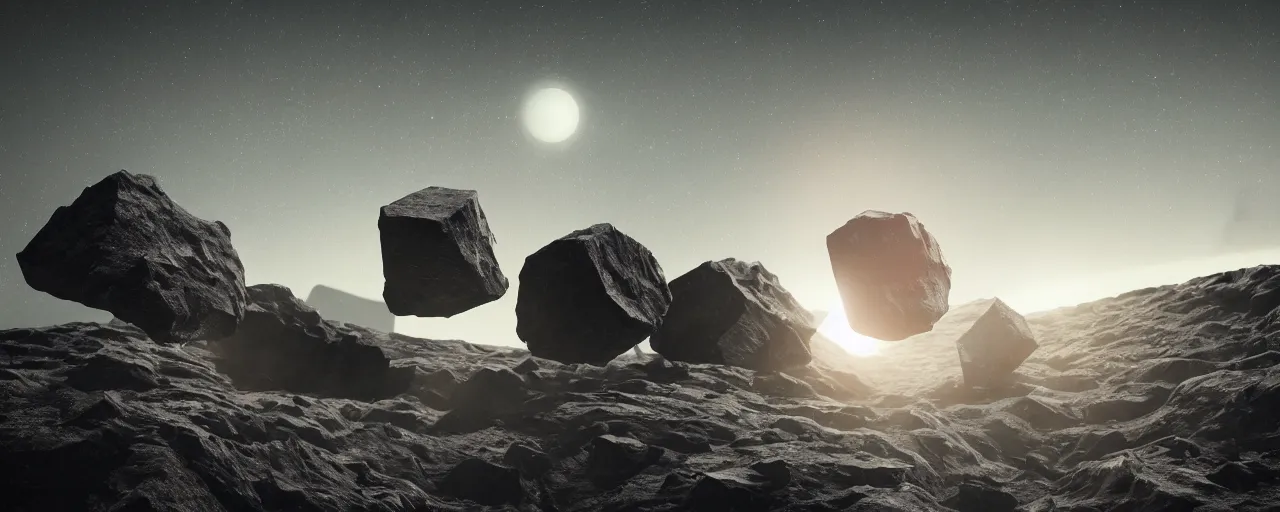 Image similar to movie still, angular minimalist obsidian asteroids, cell automata, unreal engine, octane render, detailed and intricate, cloudy, global illumination, volumetric lighting, hubble telescope images, james webb telescope images, detailed and intricate environment, color graded