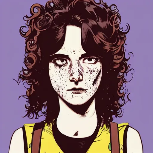 Image similar to Highly detailed portrait of a punk zombie young lady with freckles and brown curly hair hair by Atey Ghailan, by Loish, by Bryan Lee O'Malley, by Cliff Chiang, was inspired by image comics, inspired by scott pilgrim, inspired by graphic novel cover art !!!electric blue, brown, black, yellow and white color scheme ((grafitti tag brick wall background))