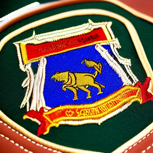 Image similar to closeup photo of a colorful embroidered patch of the coat - of - arms of the house of watanka from hogwarts which has the theme of a buffalo. the patch is sewn onto a leather school - bag.