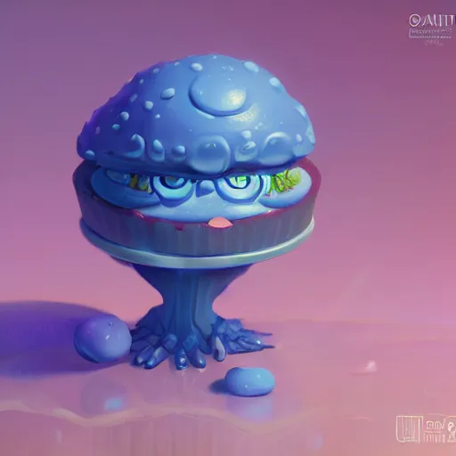 Prompt: A humanoid tasty looking cupcake with bushy eyebrows and grumpy face, blue light, extra detailed, digital illustration, by Makoto Shinkai and thomas kinkade, digital painting, Matte painting, trending on artstation and unreal engine