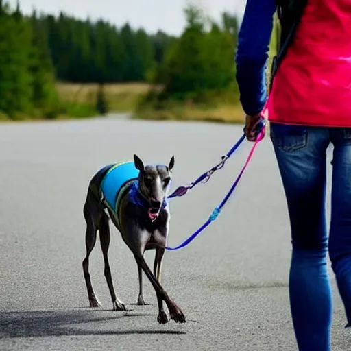 Image similar to greyhound taking a human for a walk, the human is the one on the leash