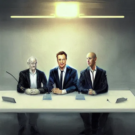 Prompt: portrait of elon musk, mark zuckerberg, jeff bezos, in meeting together, very detailed, art contest winner on behance, trendy on deviant art, by by artgem, greg rutkowski