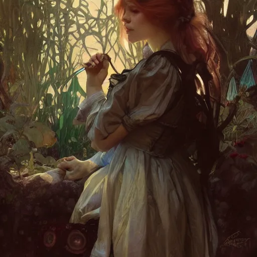 Image similar to portrait of alice in wonderland, dramatic lighting, high detail, painted, by greg rutkowski, painted by stanley artgerm, painted by alphonse mucha, trending on artstation