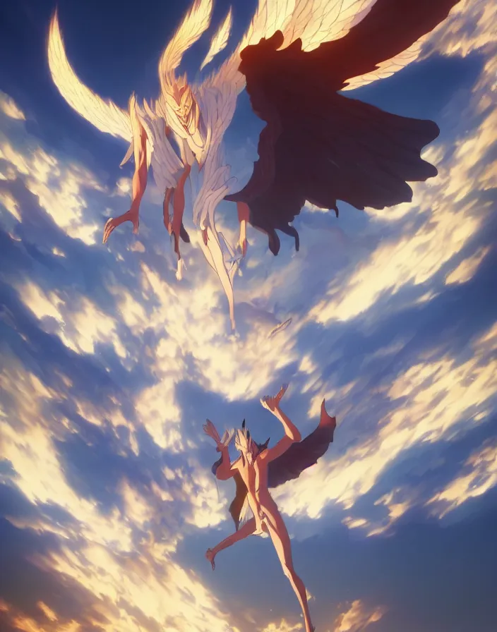 Image similar to lucifer cast out of heaven by yusuke murata and makoto shinkai, clouds, fire, angels, 8k, cel shaded, unreal engine, featured on artstation, pixiv