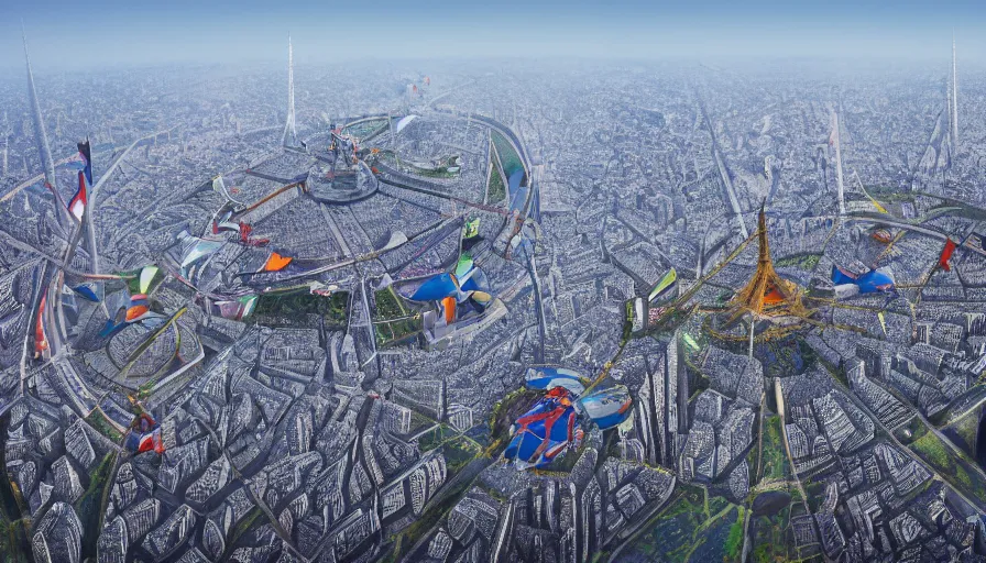 Prompt: olympic games around eiffel tower, wide view, hyperdetailed, artstation, cgsociety, 8 k