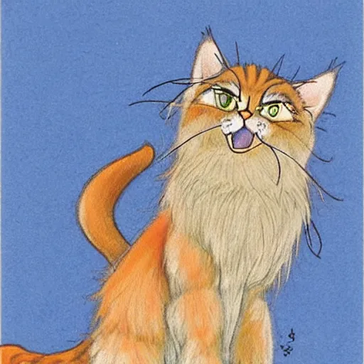 Prompt: anthropomorphic humanoid cat, extra fluffy Persian tabby cat standing on two feet, drawing by Don Bluth, colored pencil sketch with feathery lines, drawing by Yoshitaka Amano