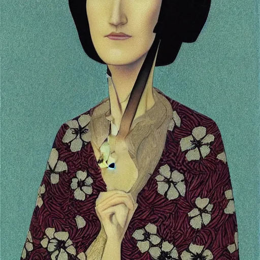 Prompt: “ laura dern portrait by ikenaga yasunari and ayana otake and ko rakusui, 6 0 s poster, drawing, realistic, sharp focus, japanese, dreamy, nostalgia, faded, golden hues, floral clothes, porcelain skin ”