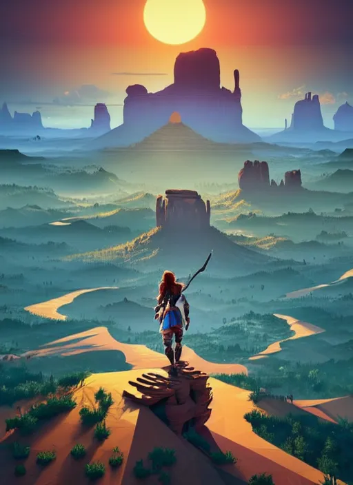 Image similar to a low poly isometric render of horizon zero dawn in the style of monument valley, intricate, elegant, smooth shading, soft lighting, illustration, simple, solid shapes, by magali villeneuve, jeremy lipkin and michael garmash, rob rey and kentaro miura style, octane render, zaha hadid