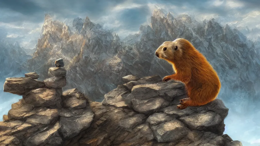 Prompt: A marmot protecting a stone on top of the Rocky Mountains, dreamscape, dramatic lighting, fantasy art illustration, trending on artstation, Aetherpunk