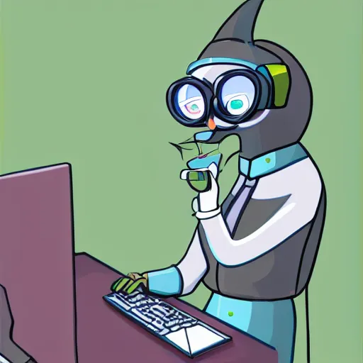 Image similar to An anthropomorphic grey dolphin dressed as a chemist playing games on a computer, digital painting