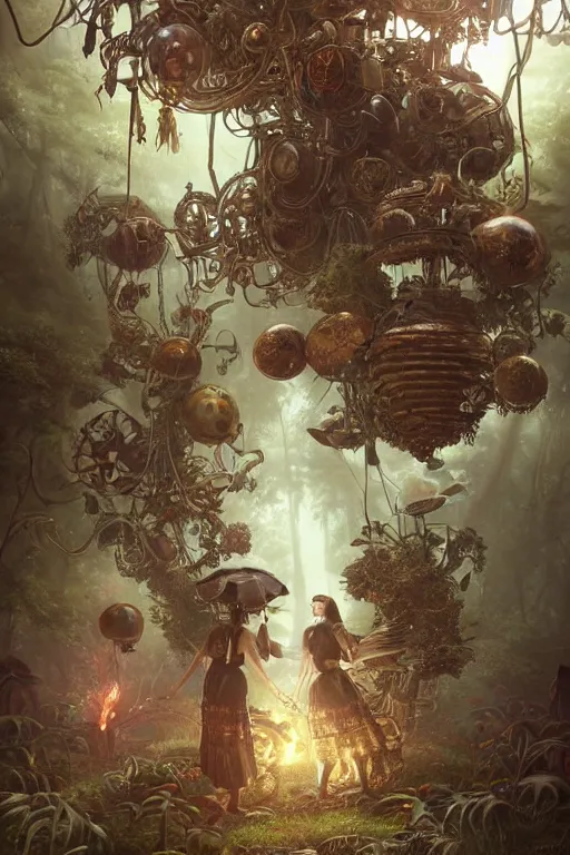 Prompt: beautiful moody portrait of two sexy steampunk schoolgirls wearing an armour of jewels and giant golden beetles behind giant mushrooms and vegetation in a forest , huge mechanical clocks, intricate details, realistic shaded , steampunk, highly detailed, artstation, pretty pretty face, illustration by Greg Rutkowski and Ruan Jia and bouguereau, octane render, dynamic light, volumetric light, neon lights, cinematic mood