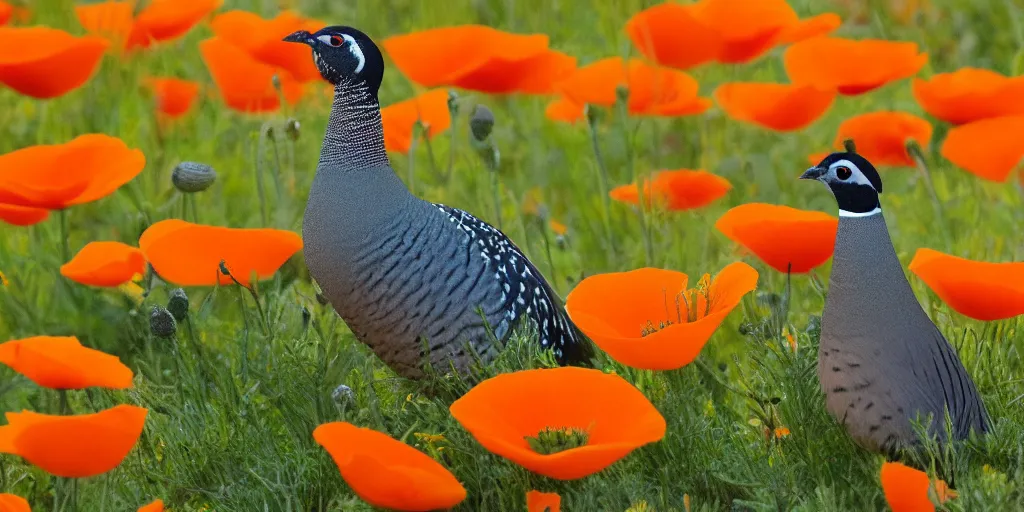 Prompt: A California quail sitting in a field of orange poppies, with blue mountains in the background and nuclear mushroom clouds rising behind them