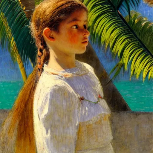 Prompt: a ultradetailed beautiful painting of a girl in the amazonas palace designed by jules bastien - lepage, hans belmer, frank weston and gustave baumann, beach, trending on artstation, mediterranean, palm trees, refracted color sparkles, sharp focus, soft light, 8 k 4 k