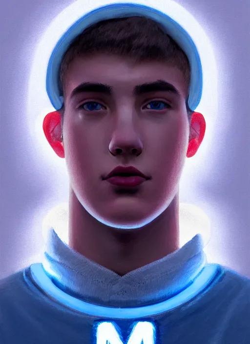 Image similar to portrait of high school senior boy named big moose, blonde short hair, jock, beefy, wide face, square jaw, square facial structure, blue varsity jacket with letter r, intricate, elegant, glowing lights, highly detailed, digital painting, artstation, concept art, sharp focus, illustration, art by wlop, mars ravelo and greg rutkowski