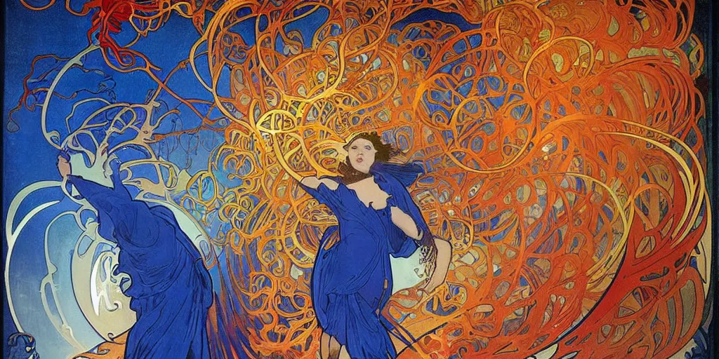 Prompt: sandman with a background with arcs of blue flame intertwined with water, dramatic lighting, red flowers, solar flares, intricate art by alphonse mucha