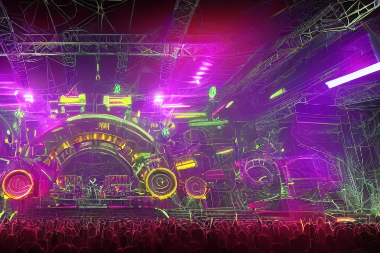 Image similar to a concert stage, big glowing letters over the stage tripmachine, center of the stage is a big futuristic steampunk generator surrounded by huge steampunk robots, rock musicians on the stage, laser show, 8 k, fluorescent colors, halluzinogenic, multicolored, exaggerated detailed, unreal engine