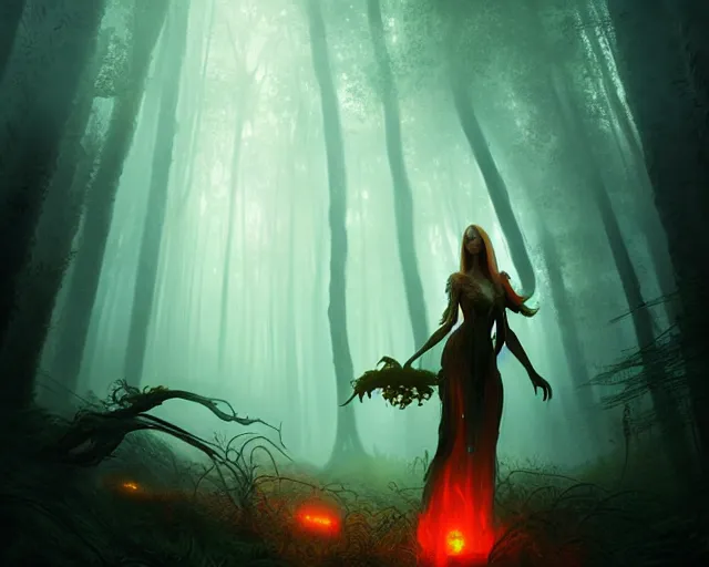 Image similar to portrait of a beautiful fairy woman standing in strange alien forest, glowing fungus, misty, red glowing horizon, fireflies, ultra high definition, ultra detailed, symmetry, sci - fi, dark fantasy, by greg rutkowski and ross tran