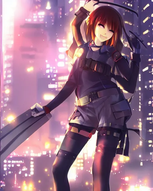 Image similar to full body portrait of anime girl in mechanic armor in night tokyo by makoto sinkai, perfect face, fine details