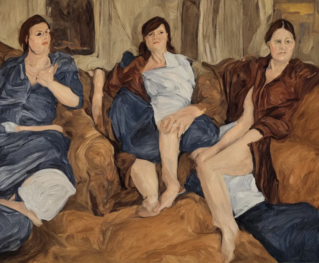 Image similar to two women, in an old english apartment on a brown leather sofa. one is wearing a dark blue sweather, the other a white shirt. brown hair, they are looking into the camera. wide shot. in the style of lucien freud. oil painting.