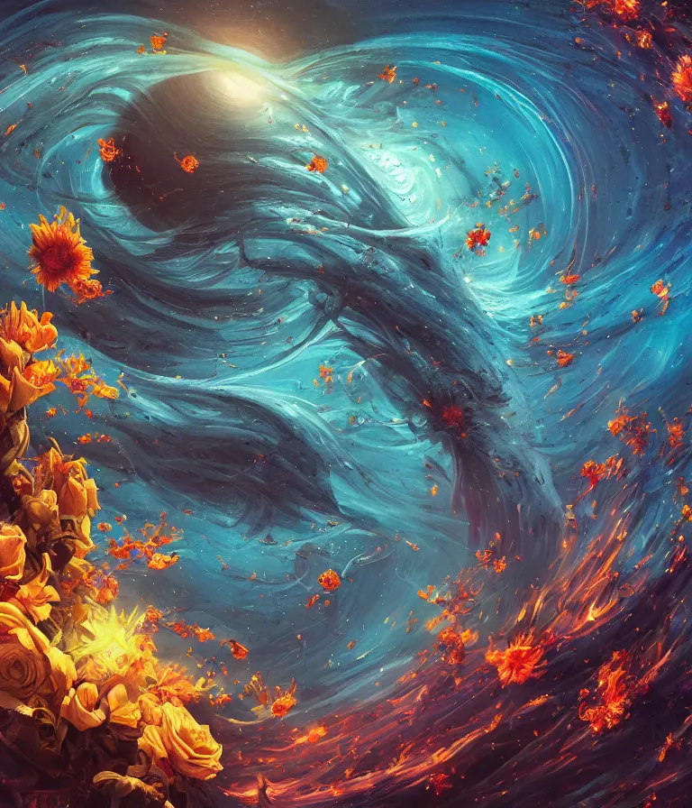 Prompt: impressive ominous cinematic fantastic realism comic book style painting of a spiraling exploding sun launching flowers across the dark cosmos, strange bouquets, lighting impressive masterpiece hyper ultra detailed intricate sharp focus 8 k realistic illustration canon eos r 3 fujifilm x - t 3 0 sony alpha, artgerm colorful!!!, trending on artstation behance cgsociety, octane render nvidia raytracing demo