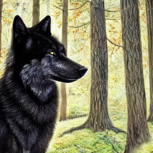 Image similar to wild and majestic black wolf beautifully standing in the shadows of some trees on a sunny day in a forest with heterochromia eyes, award winning, oil painting, high detail, high quality, 4k, stunning