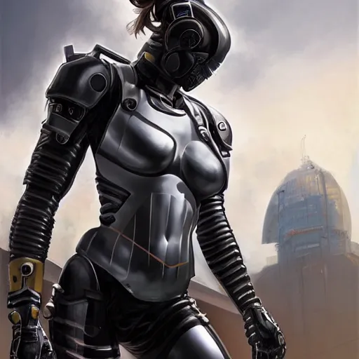 Image similar to a full bodied portrait of beautiful, disciplined, young woman in latex battle armor suit by sandra chevrier, detailed render, epic composition, cybernetics, 4 k realistic, cryengine, realistic shaded lighting, sharp focus, masterpiece, by matteo scalera, gary montalbano, peter elson in the style of the tokyo ghost comic, epic angles